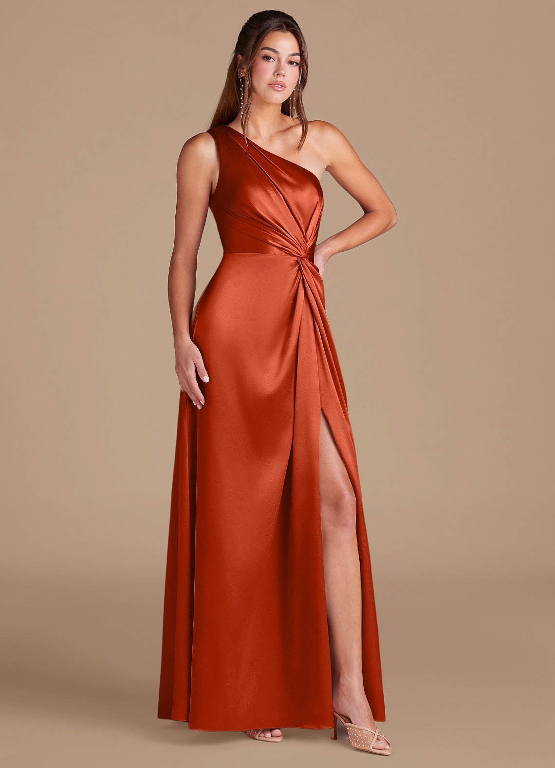 Brooke A-Line One-Shoulder Metallic Satin Bridesmaid Dress in Paprika
