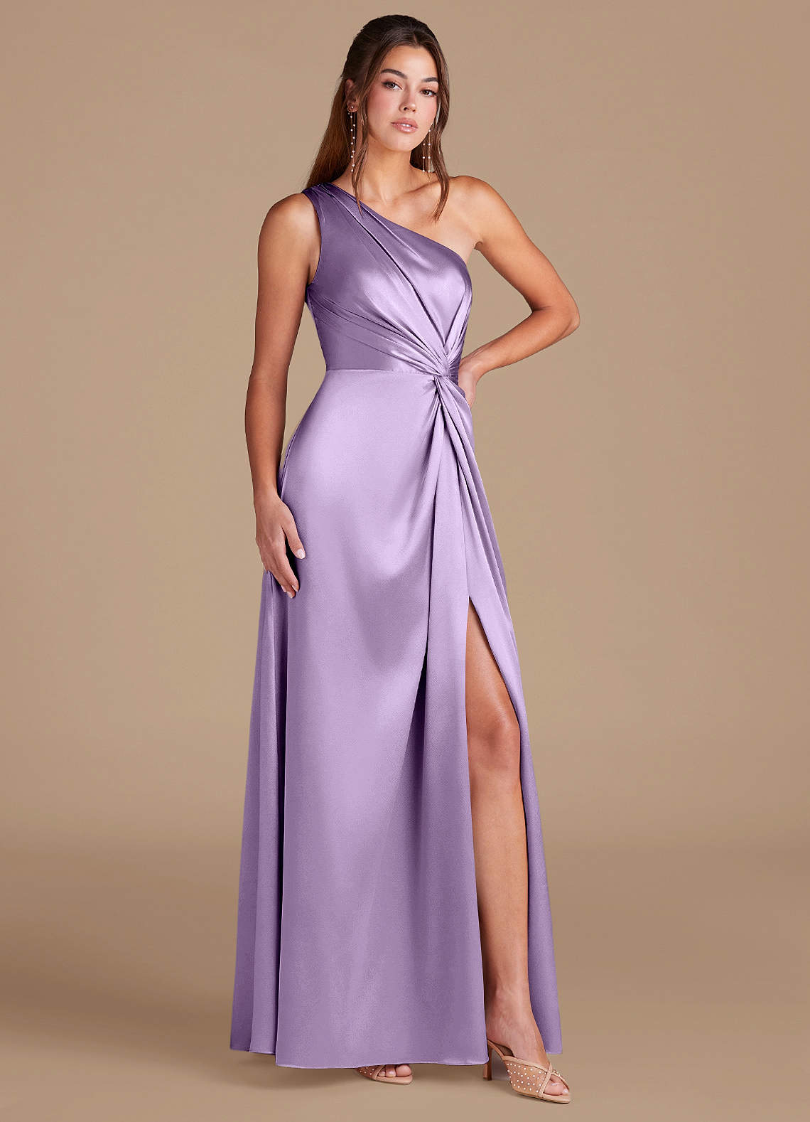 Brooke A-Line One-Shoulder Metallic Satin Bridesmaid Dress in Lilac