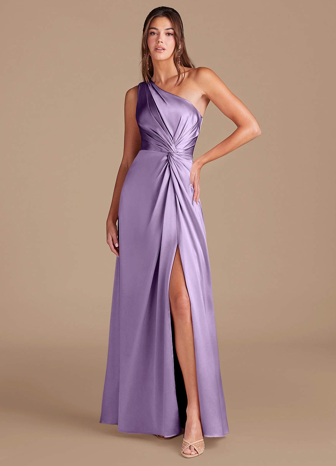 Brooke A-Line One-Shoulder Metallic Satin Bridesmaid Dress in Lilac