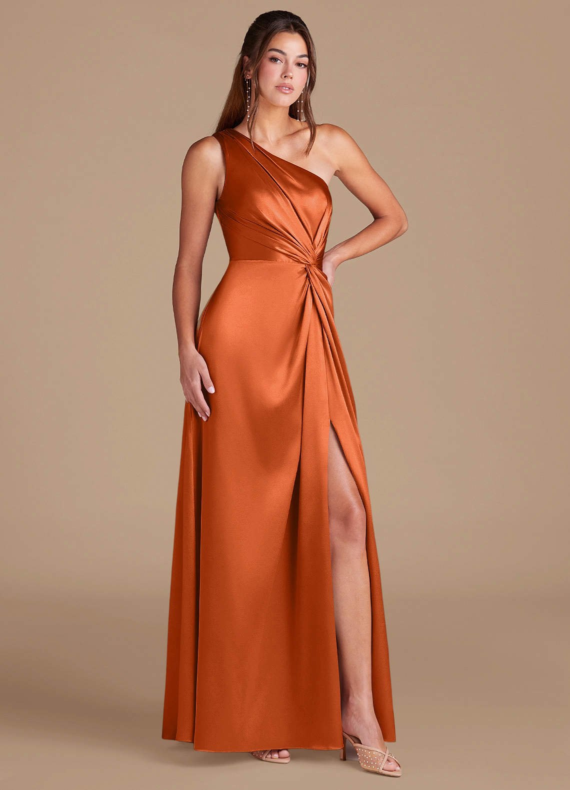 Brooke A-Line One-Shoulder Metallic Satin Bridesmaid Dress in Burnt Orange