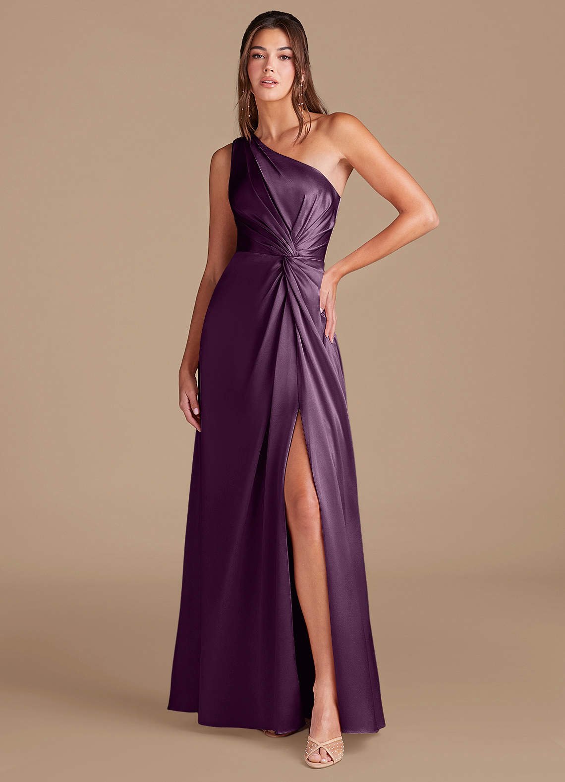 Brooke A-Line One-Shoulder Metallic Satin Bridesmaid Dress in Plum