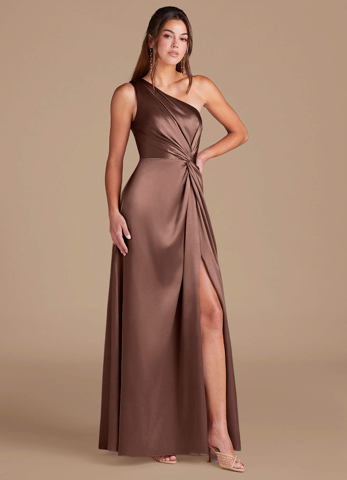 Brooke A-Line One-Shoulder Metallic Satin Bridesmaid Dress in Espresso