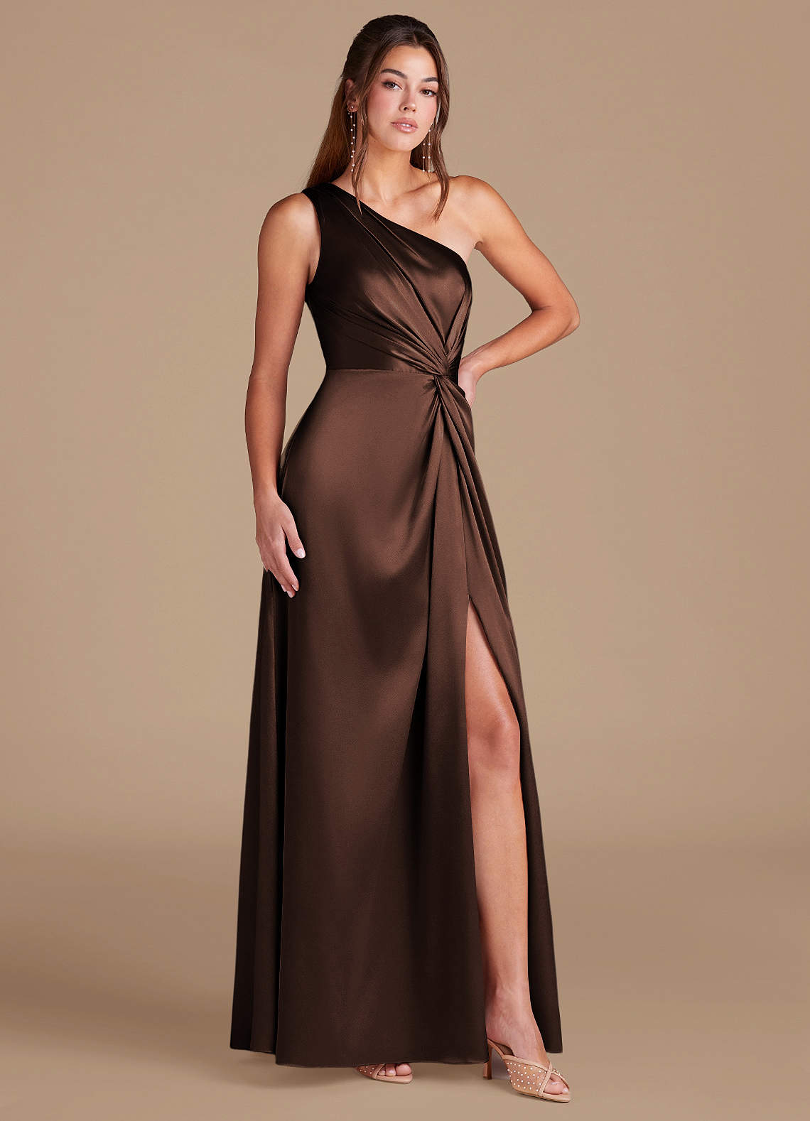 Brooke A-Line One-Shoulder Metallic Satin Bridesmaid Dress in Ganache
