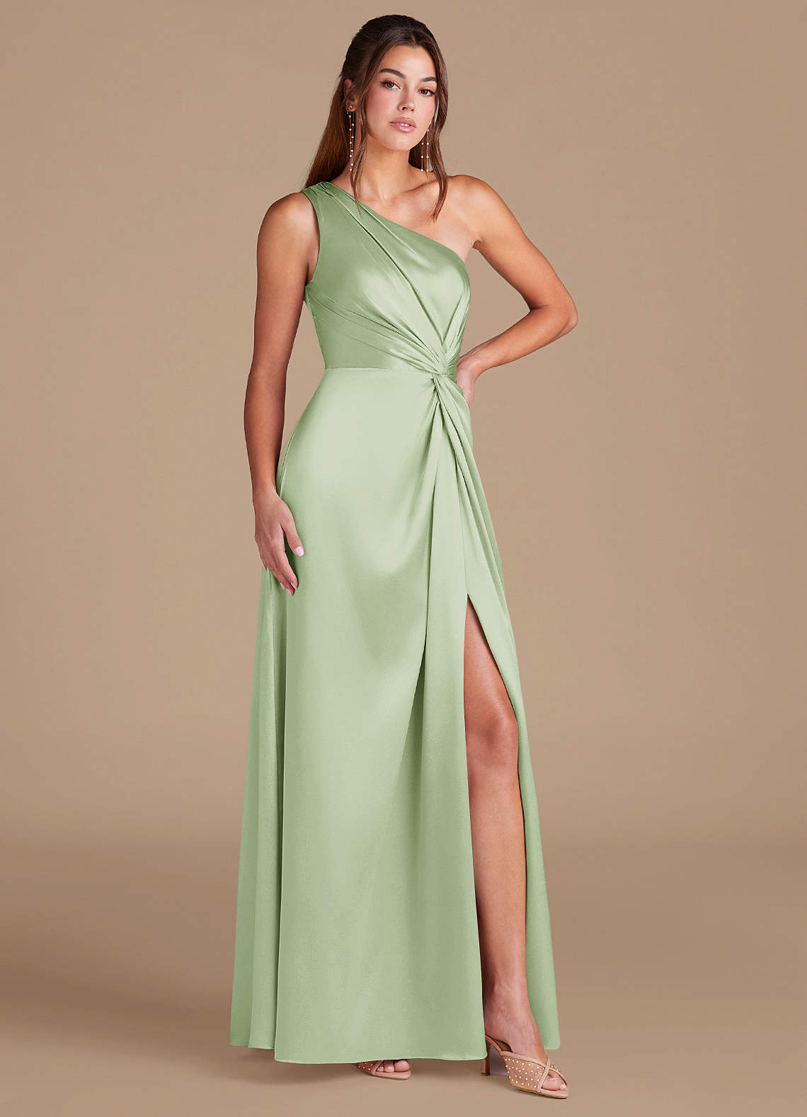 Brooke A-Line One-Shoulder Metallic Satin Bridesmaid Dress in Dusty Sage
