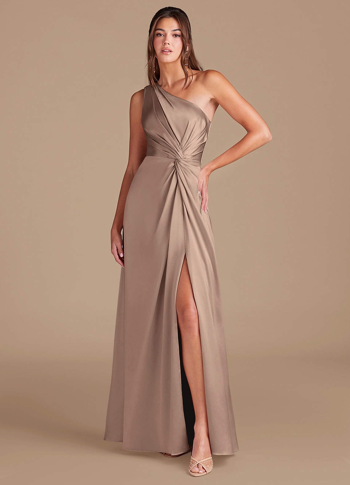 Brooke A-Line One-Shoulder Metallic Satin Bridesmaid Dress in Taupe