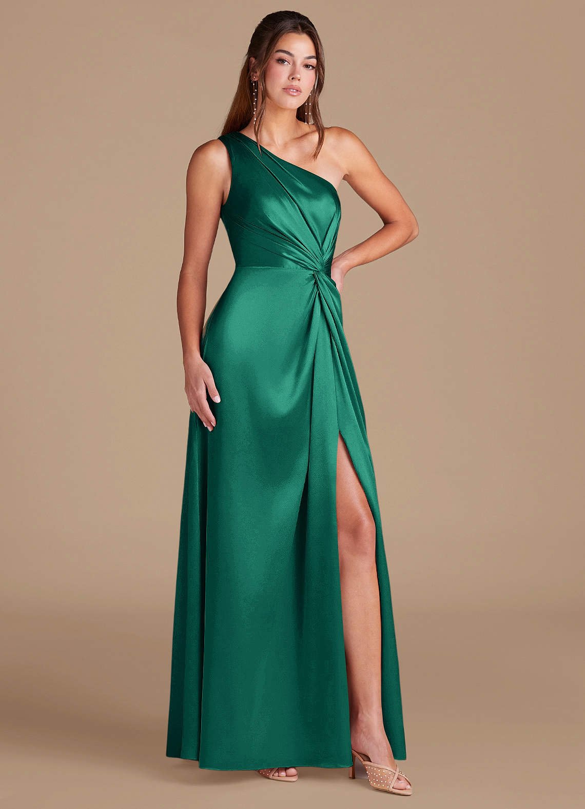 Brooke A-Line One-Shoulder Metallic Satin Bridesmaid Dress in Emerald