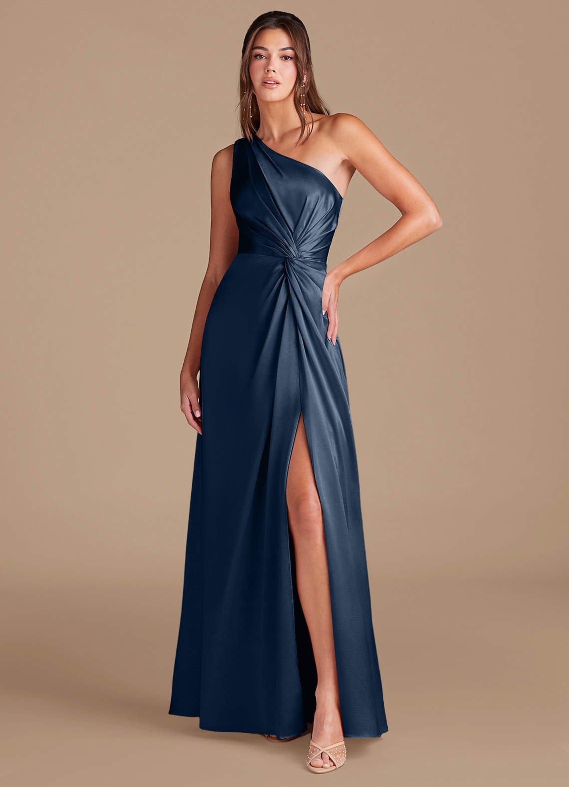 Brooke A-Line One-Shoulder Metallic Satin Bridesmaid Dress in Dark Navy