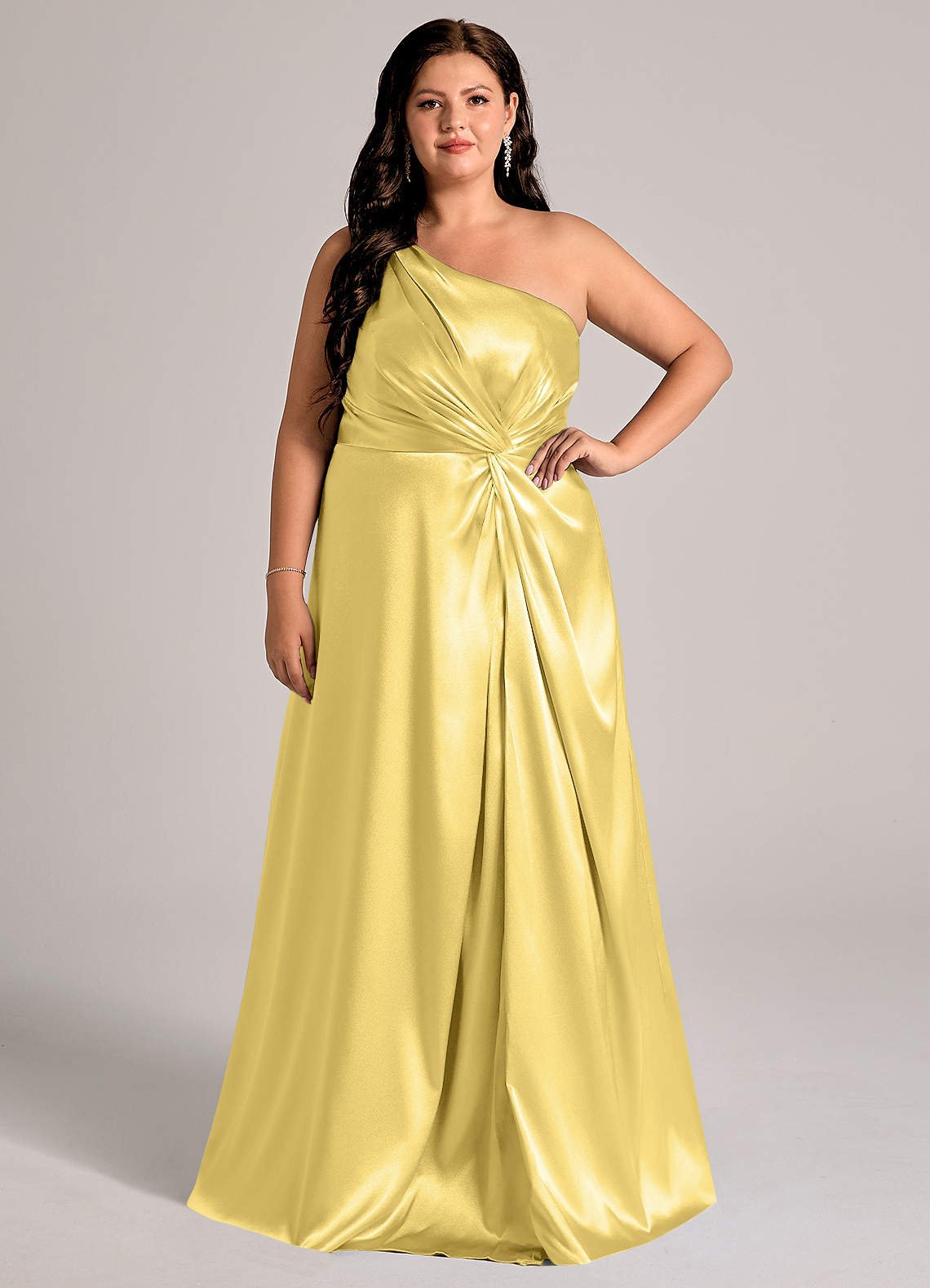Brooke A-Line One-Shoulder Metallic Satin Bridesmaid Dress in Canary