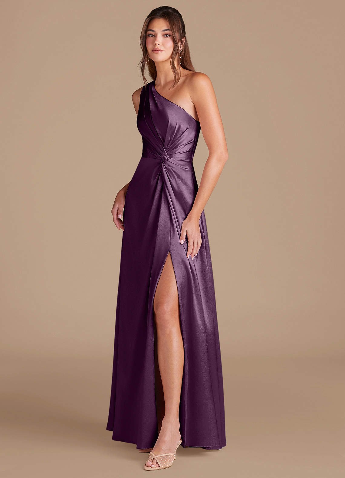 Brooke A-Line One-Shoulder Metallic Satin Bridesmaid Dress in Plum
