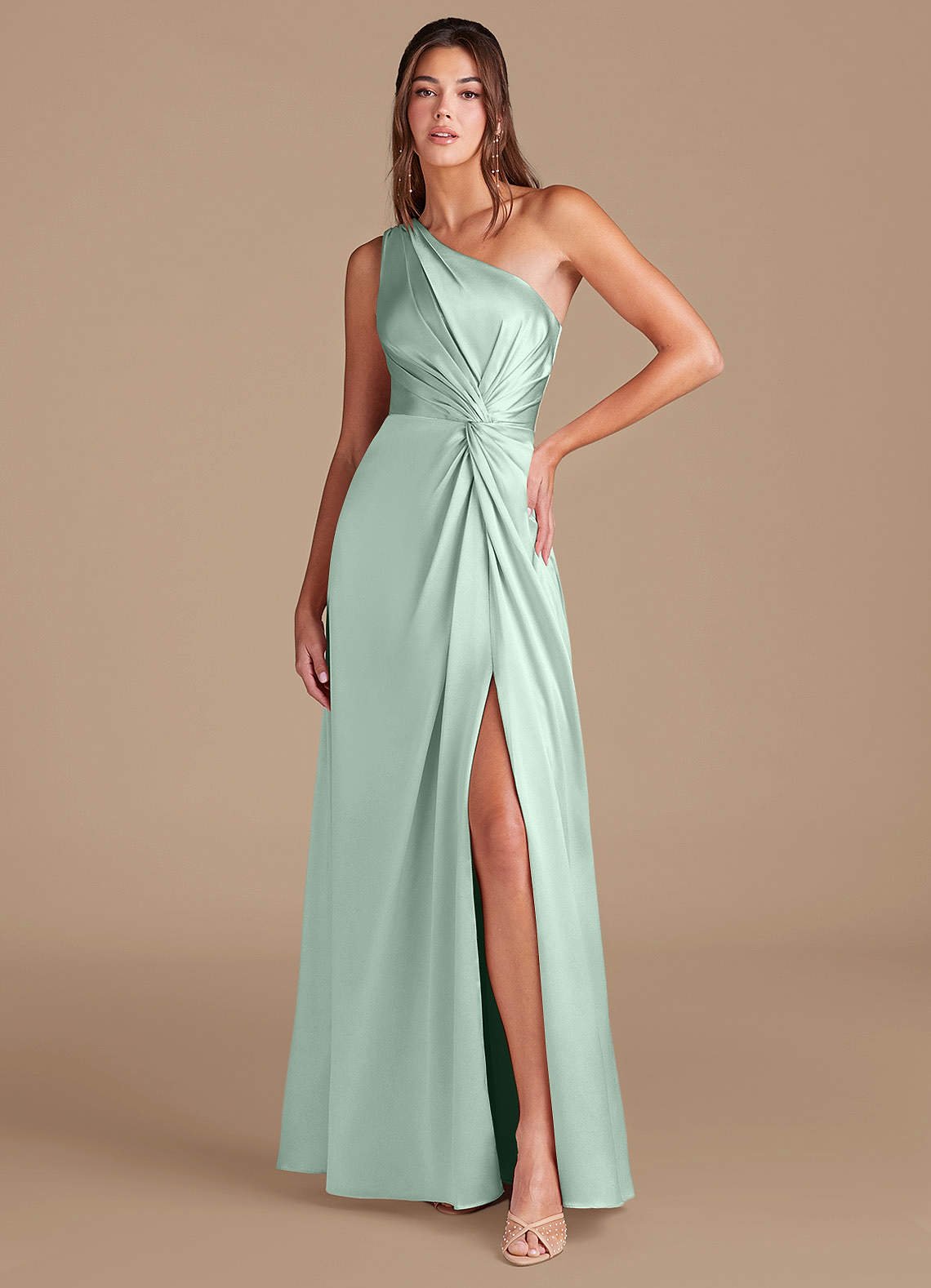 Brooke A-Line One-Shoulder Metallic Satin Bridesmaid Dress in Agave