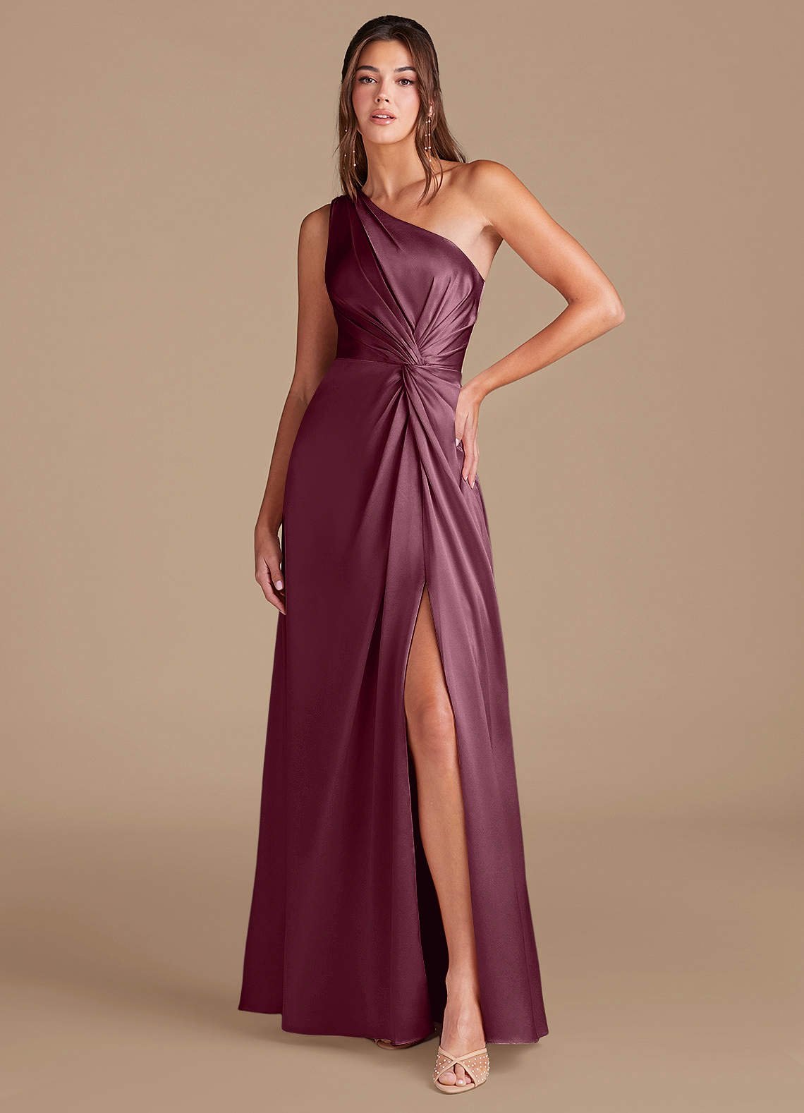 Brooke A-Line One-Shoulder Metallic Satin Bridesmaid Dress in Cabernet