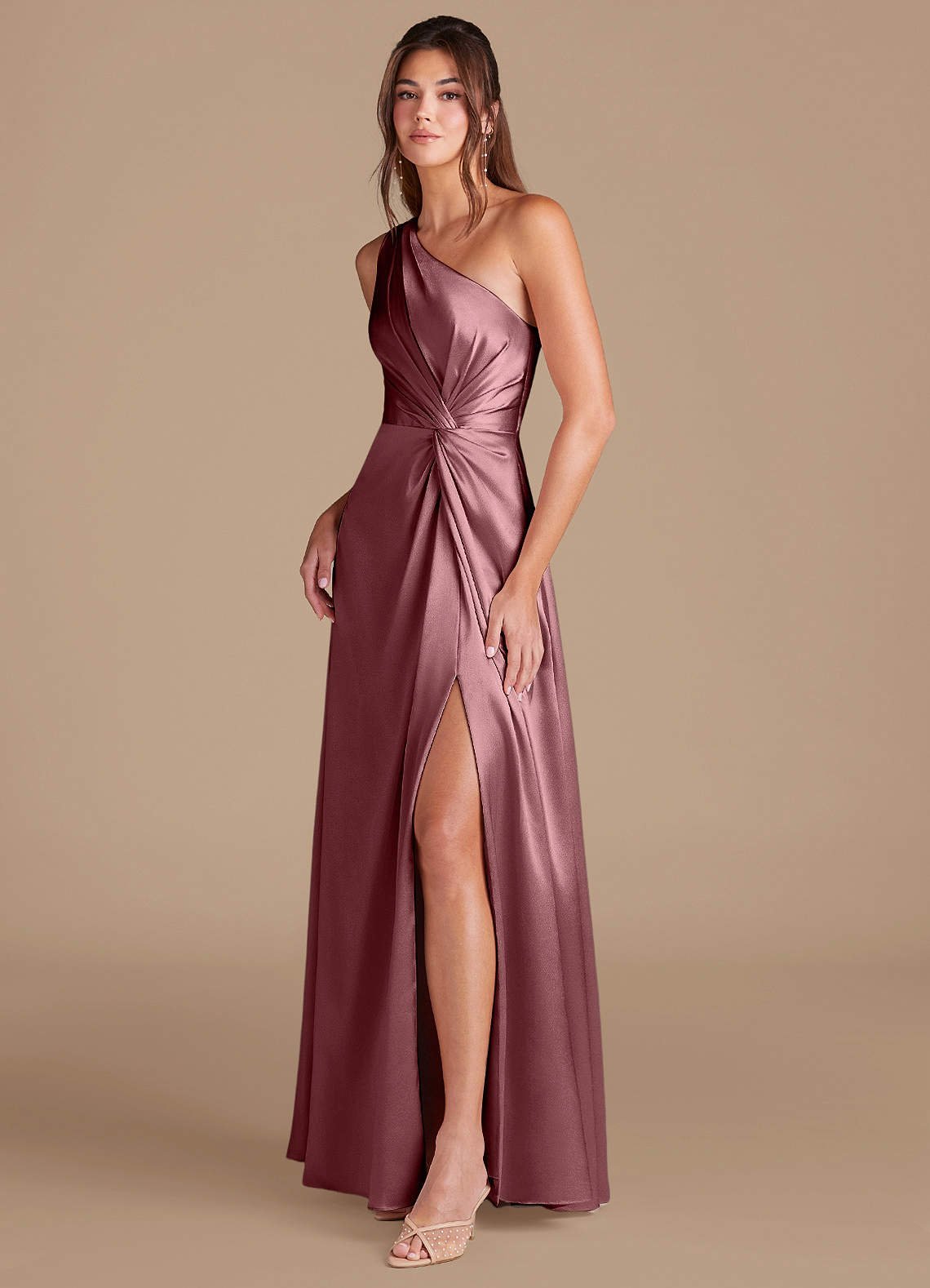 Brooke A-Line One-Shoulder Metallic Satin Bridesmaid Dress in Vintage Mauve