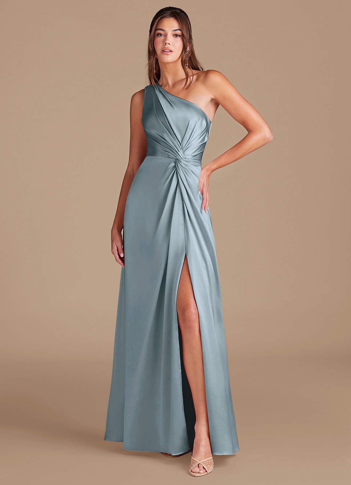 Brooke A-Line One-Shoulder Metallic Satin Bridesmaid Dress in dusty blue