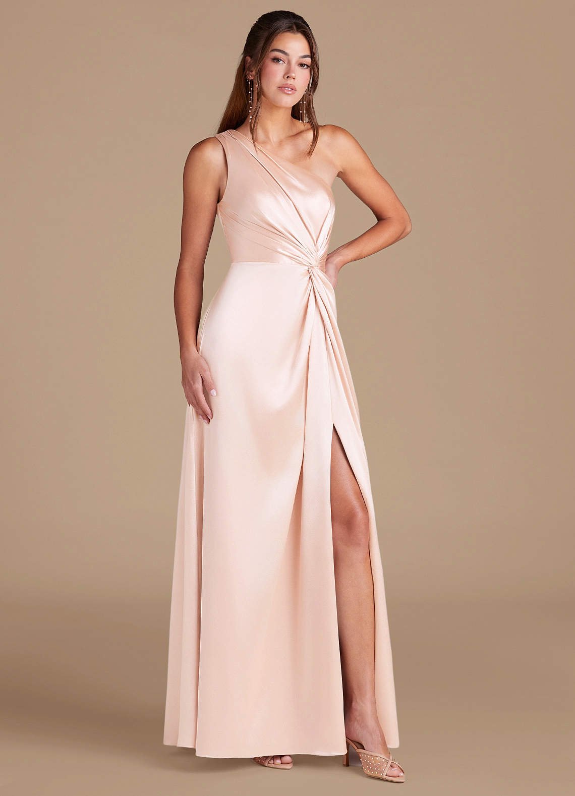 Brooke A-Line One-Shoulder Metallic Satin Bridesmaid Dress in rose gold
