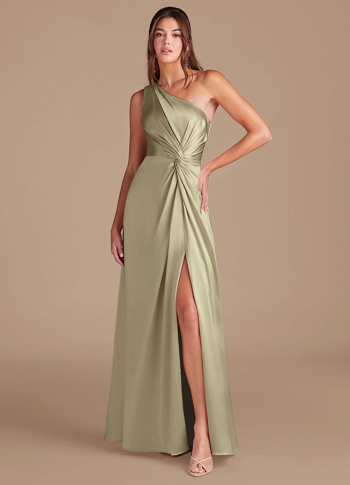 Brooke A-Line One-Shoulder Metallic Satin Bridesmaid Dress in Moss Green
