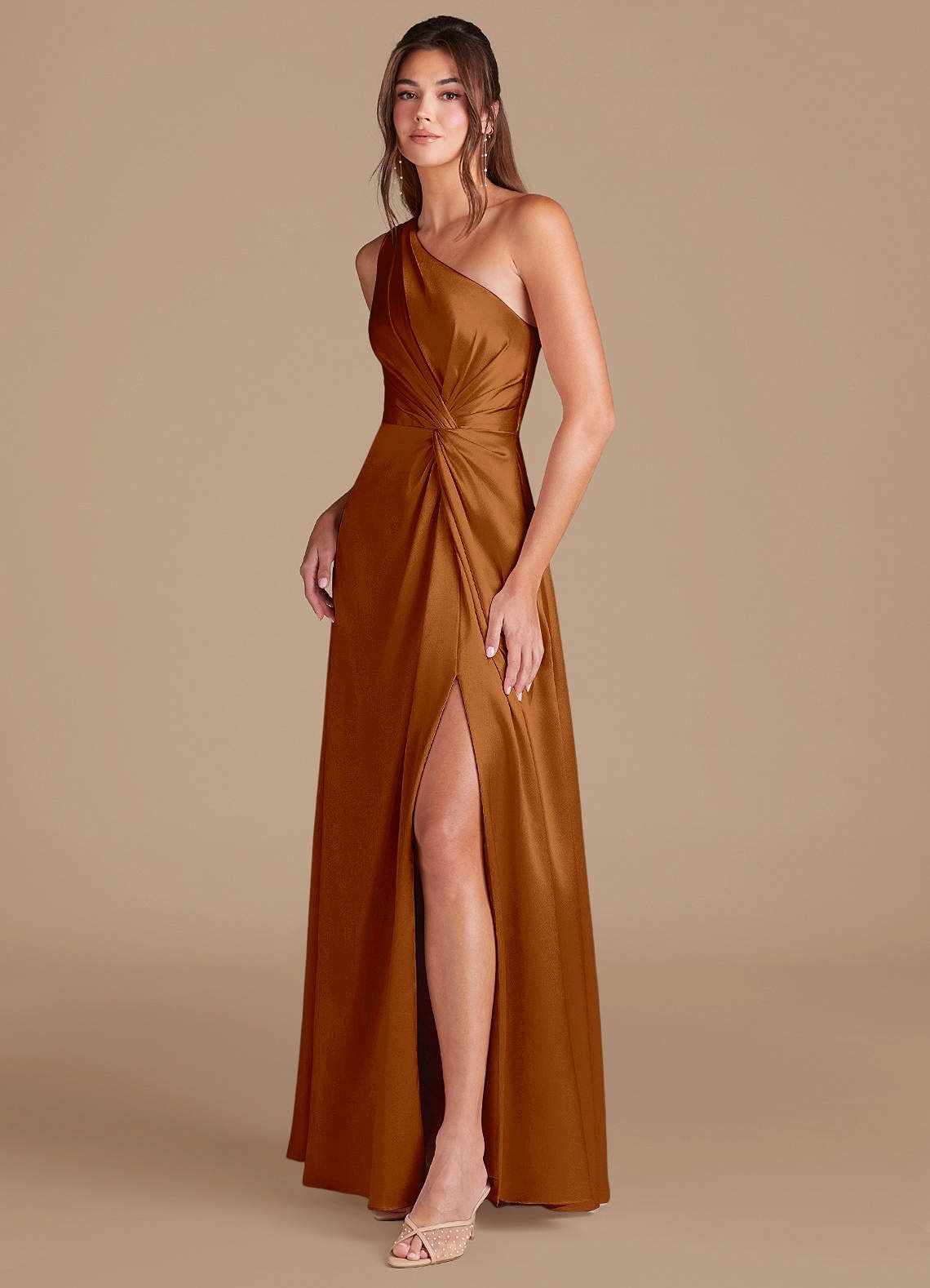 Brooke A-Line One-Shoulder Metallic Satin Bridesmaid Dress in Copper