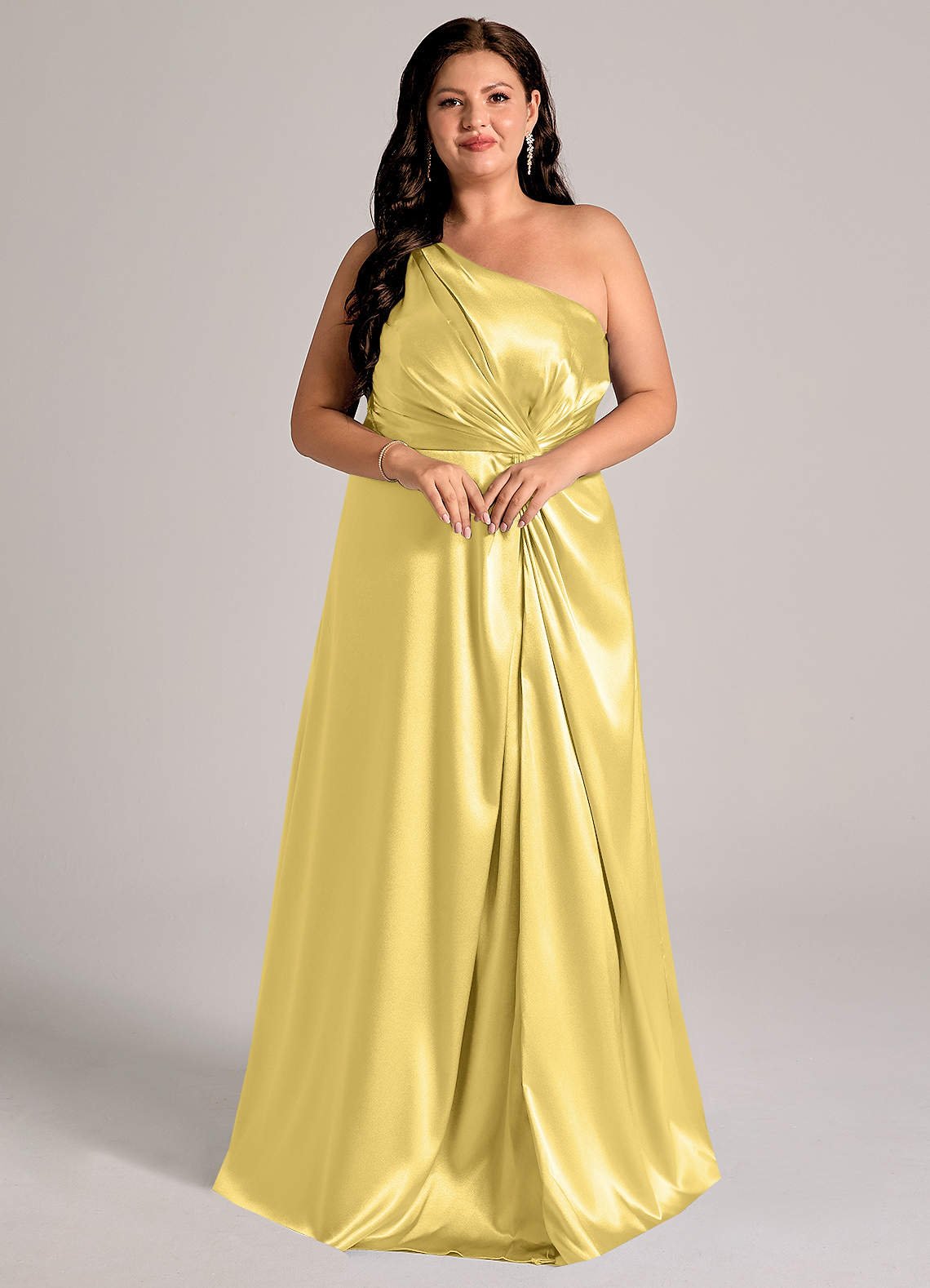 Brooke A-Line One-Shoulder Metallic Satin Bridesmaid Dress in Canary