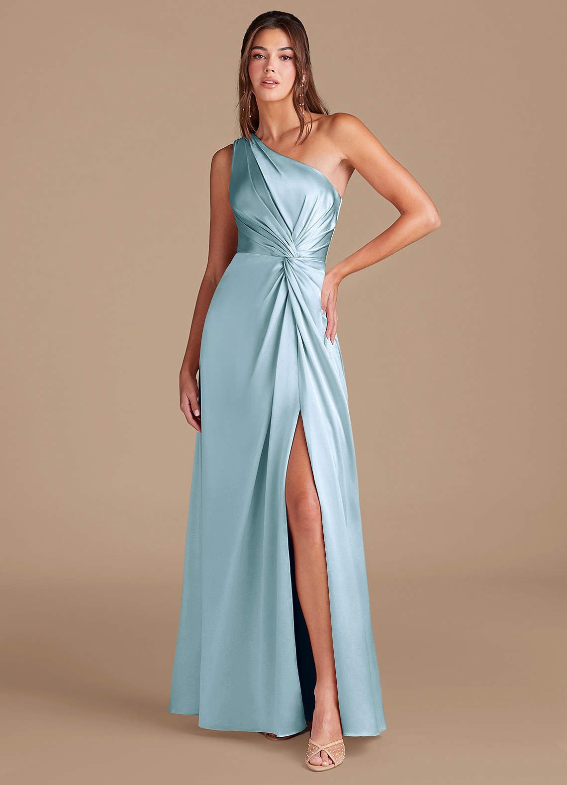 Brooke A-Line One-Shoulder Metallic Satin Bridesmaid Dress in Sky Blue