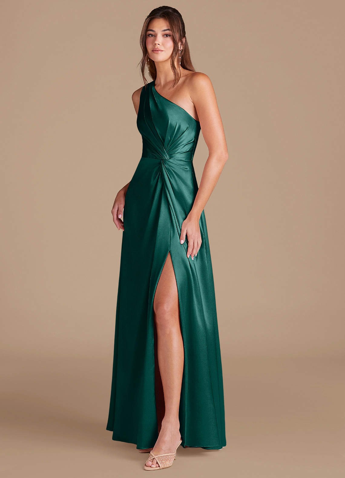Brooke A-Line One-Shoulder Metallic Satin Bridesmaid Dress in Pine