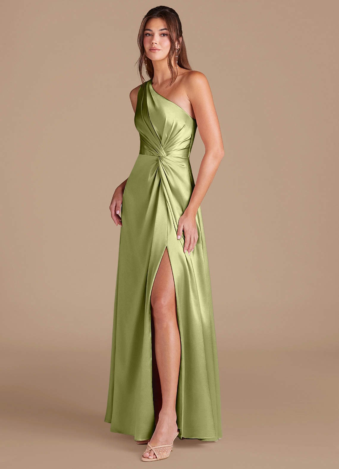 Brooke A-Line One-Shoulder Metallic Satin Bridesmaid Dress in Pistachio