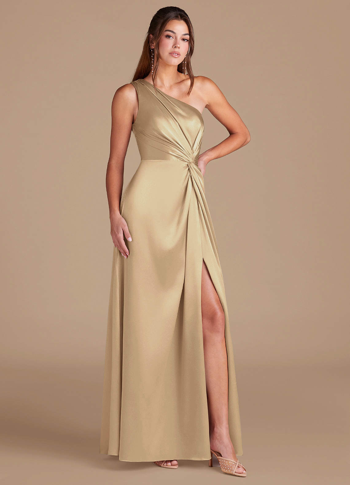 Brooke A-Line One-Shoulder Metallic Satin Bridesmaid Dress in Champagne