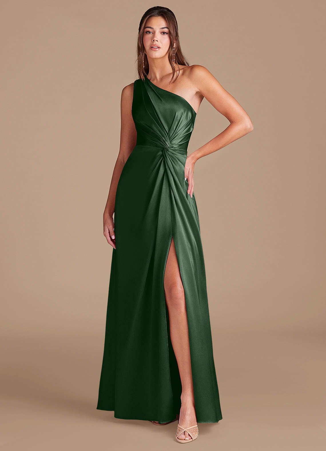 Brooke A-Line One-Shoulder Metallic Satin Bridesmaid Dress in Eucalyptus