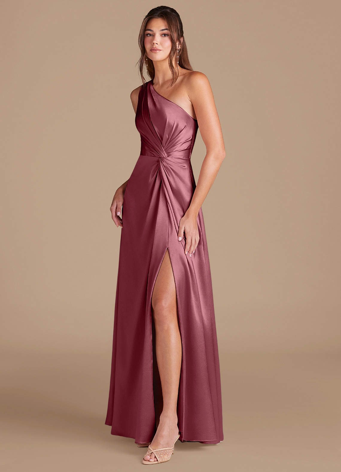 Brooke A-Line One-Shoulder Metallic Satin Bridesmaid Dress in Desert Rose