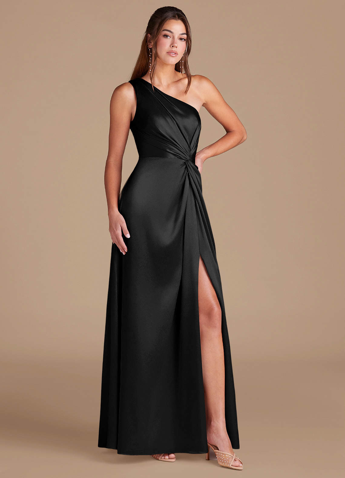 Brooke A-Line One-Shoulder Metallic Satin Bridesmaid Dress in black