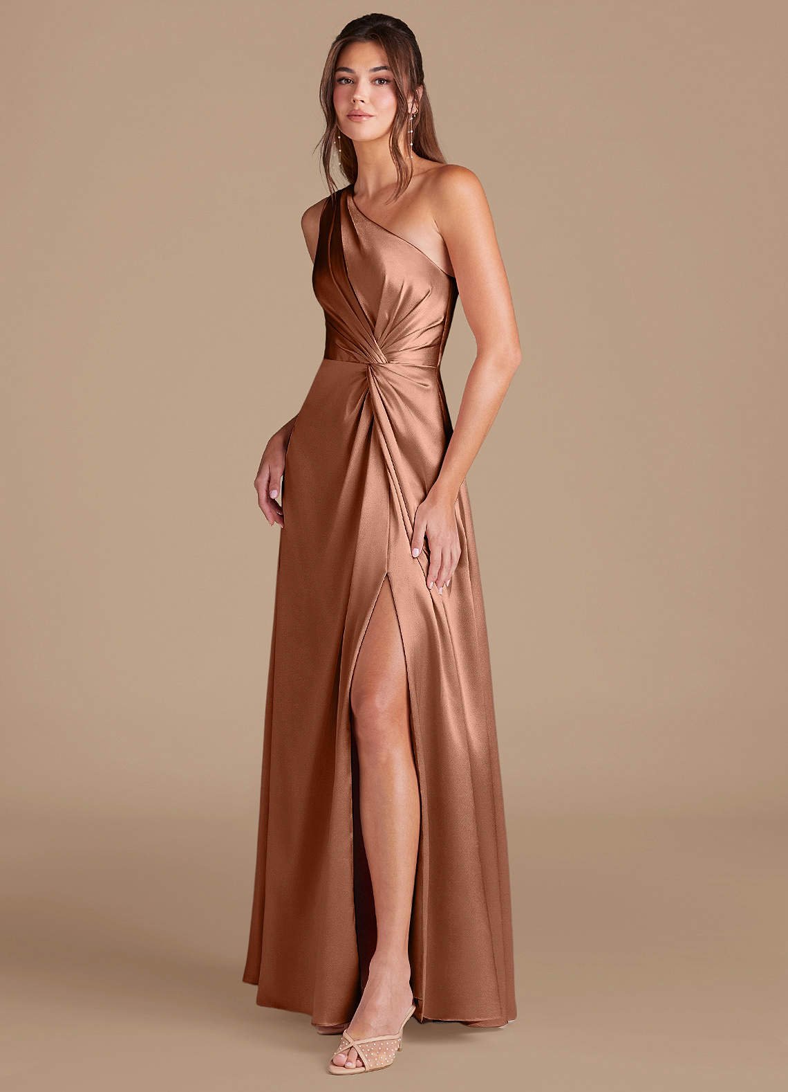 Brooke A-Line One-Shoulder Metallic Satin Bridesmaid Dress in Bronzer