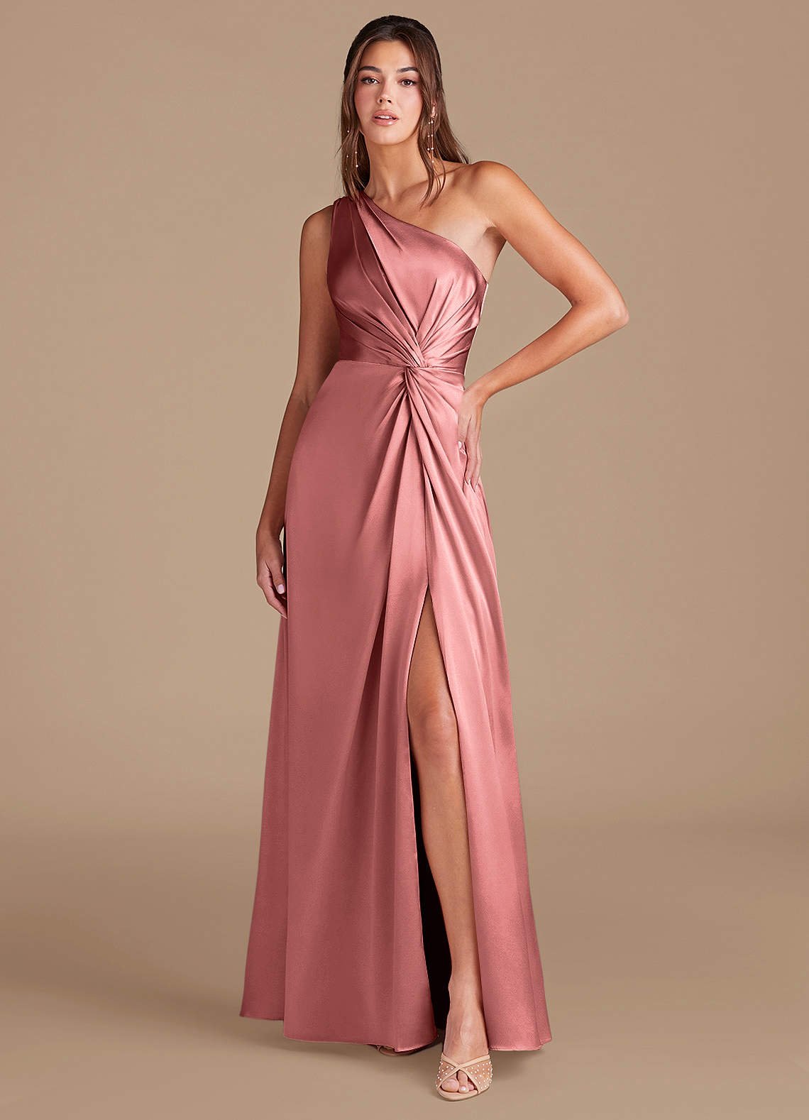 Brooke A-Line One-Shoulder Metallic Satin Bridesmaid Dress in Rosette