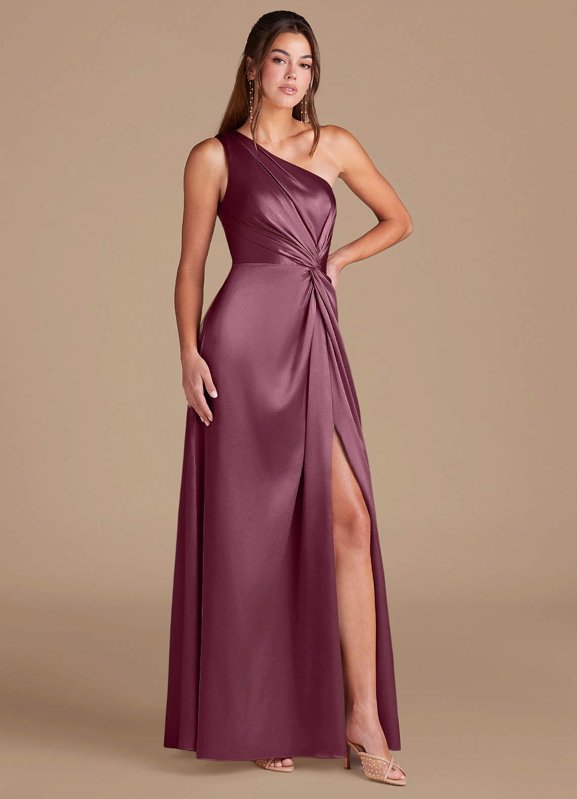 Brooke A-Line One-Shoulder Metallic Satin Bridesmaid Dress in Cabernet