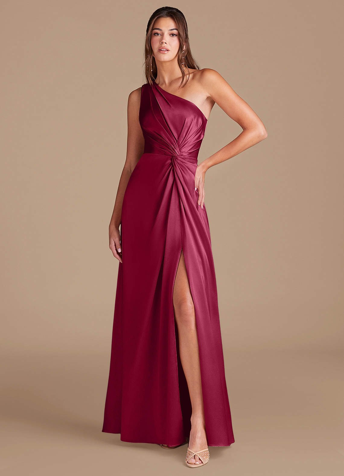 Brooke A-Line One-Shoulder Metallic Satin Bridesmaid Dress in Burgundy