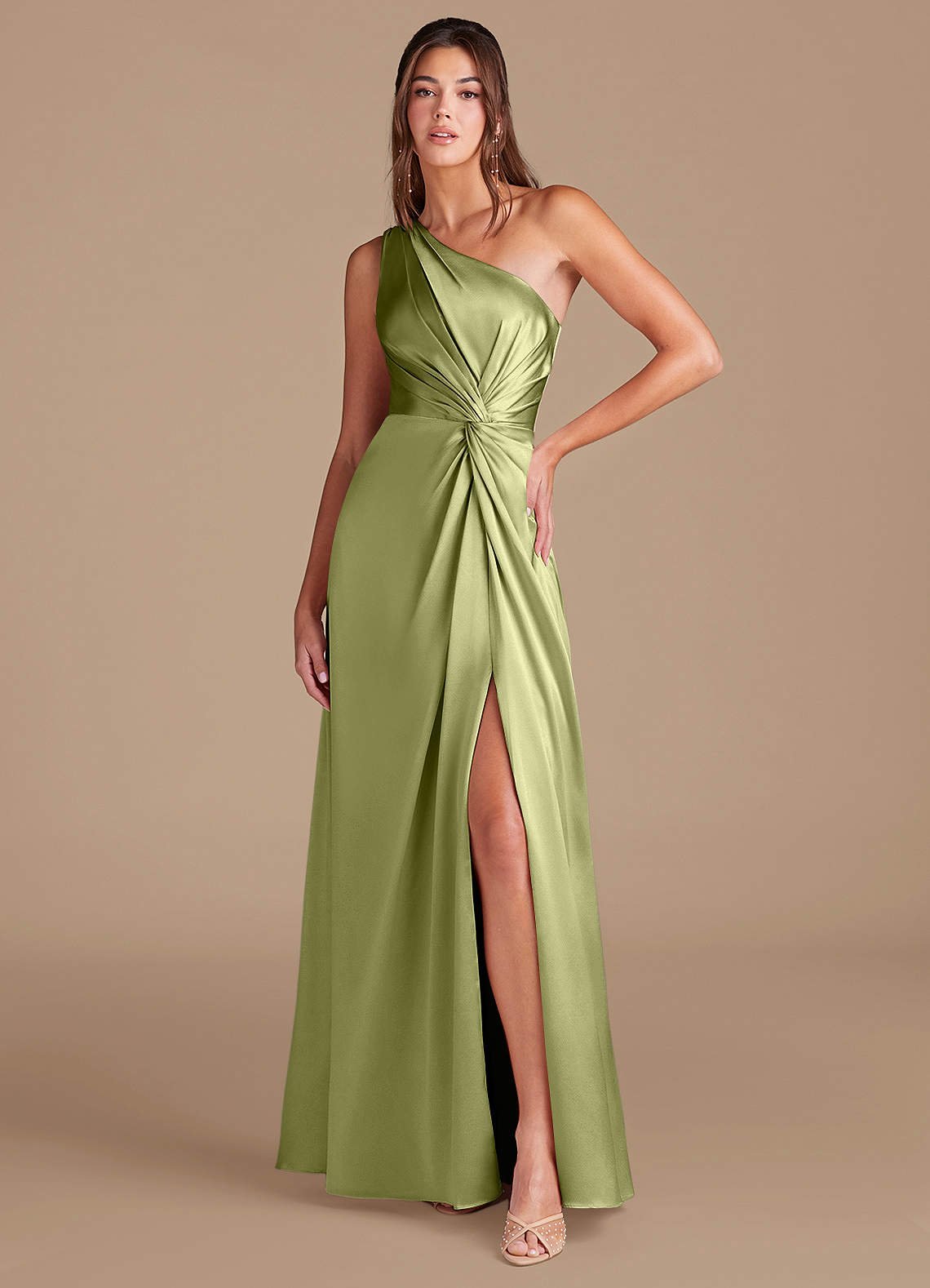Brooke A-Line One-Shoulder Metallic Satin Bridesmaid Dress in Pistachio