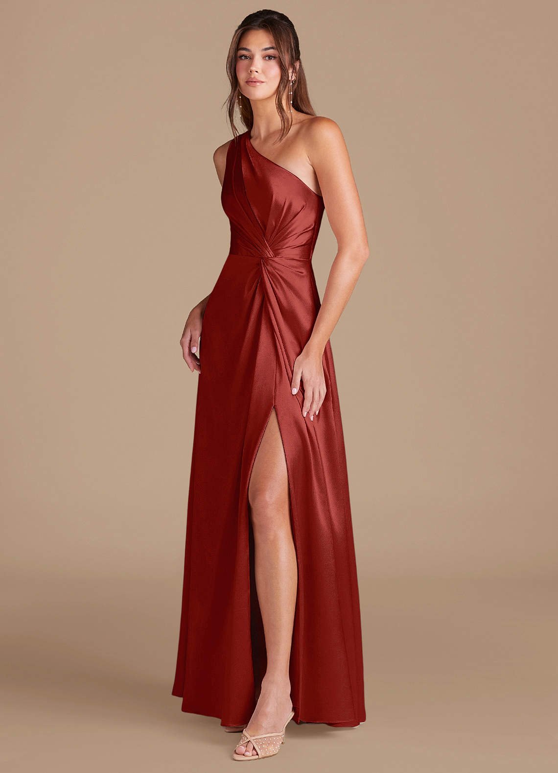Brooke A-Line One-Shoulder Metallic Satin Bridesmaid Dress in Rust