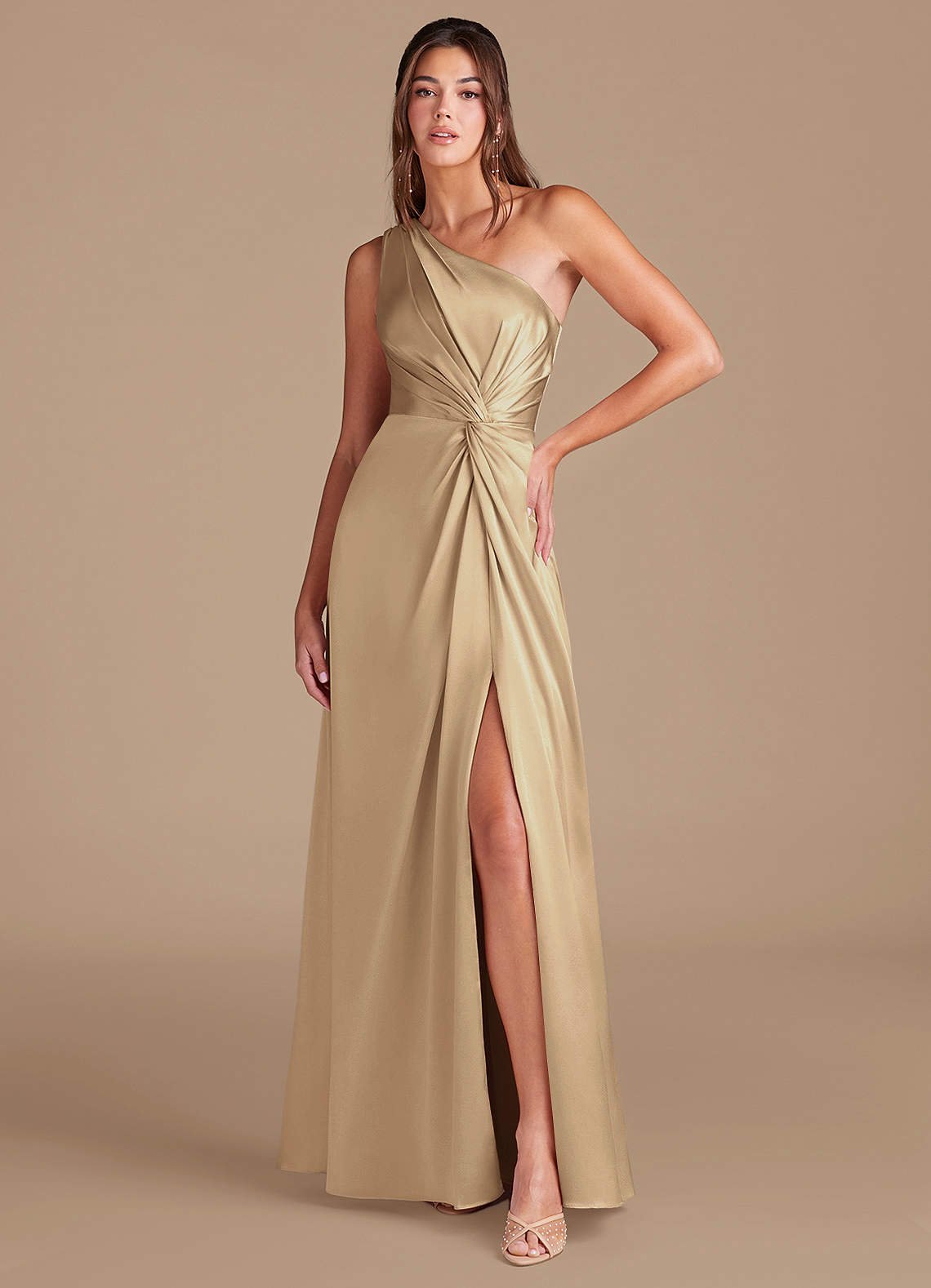 Brooke A-Line One-Shoulder Metallic Satin Bridesmaid Dress in Champagne