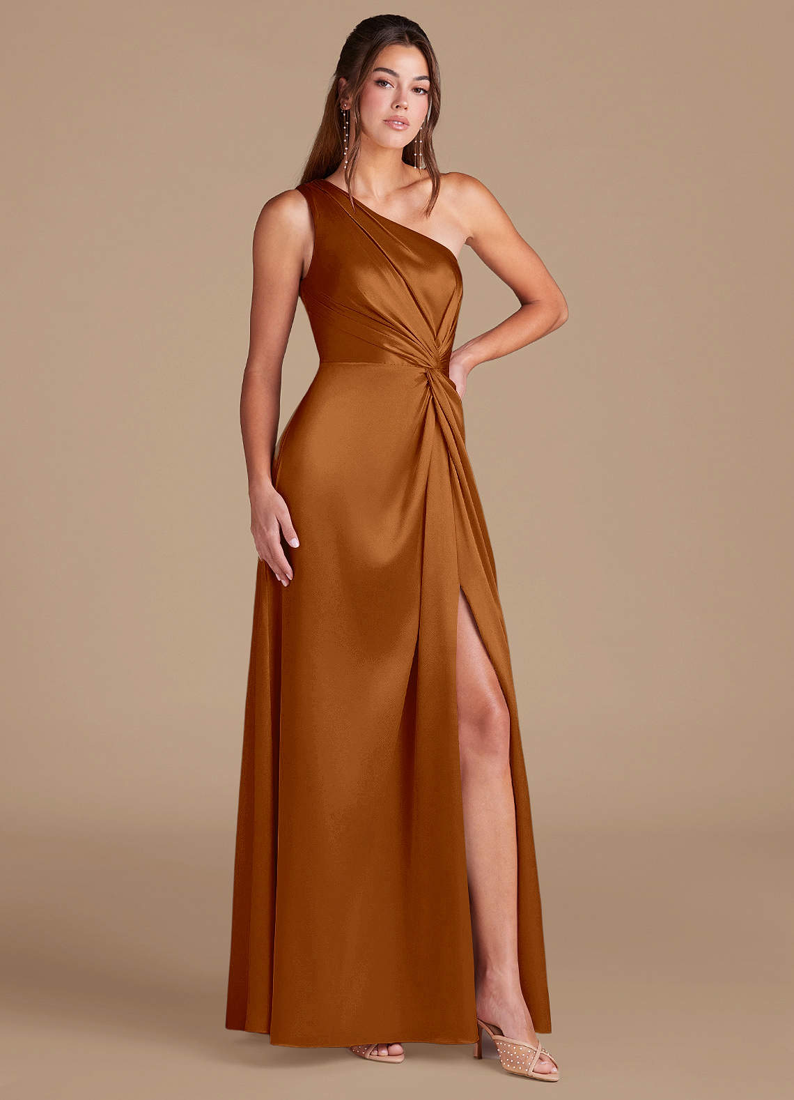 Brooke A-Line One-Shoulder Metallic Satin Bridesmaid Dress in Copper