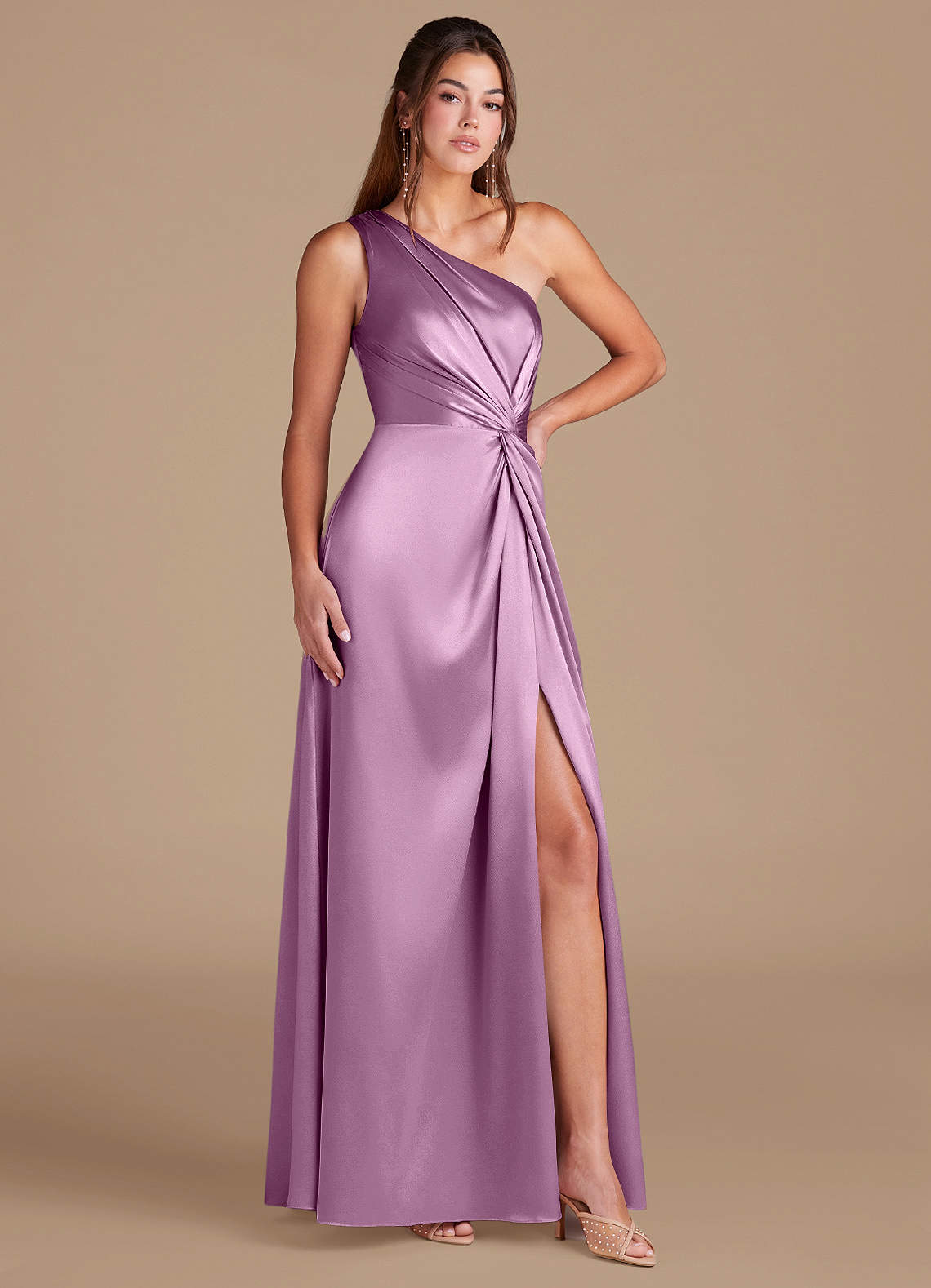 Brooke A-Line One-Shoulder Metallic Satin Bridesmaid Dress in Wisteria