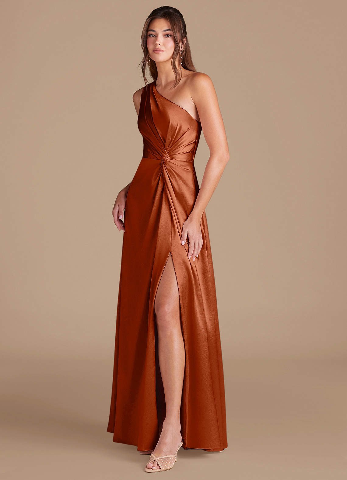 Brooke A-Line One-Shoulder Metallic Satin Bridesmaid Dress in Auburn