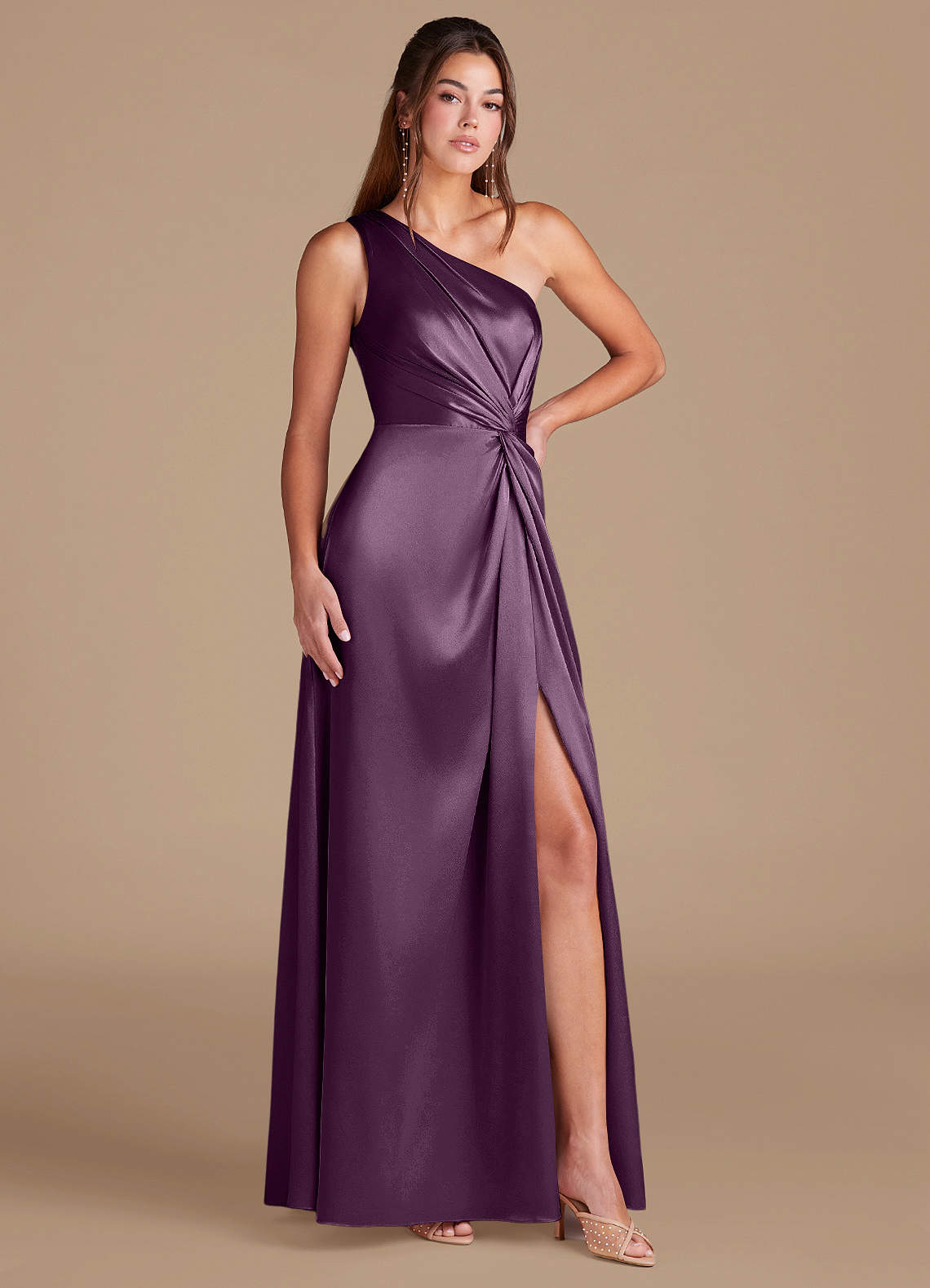 Brooke A-Line One-Shoulder Metallic Satin Bridesmaid Dress in Plum