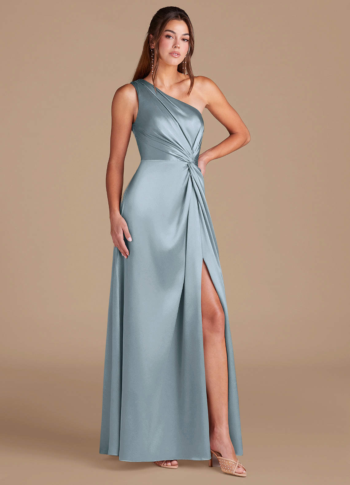 Brooke A-Line One-Shoulder Metallic Satin Bridesmaid Dress in dusty blue