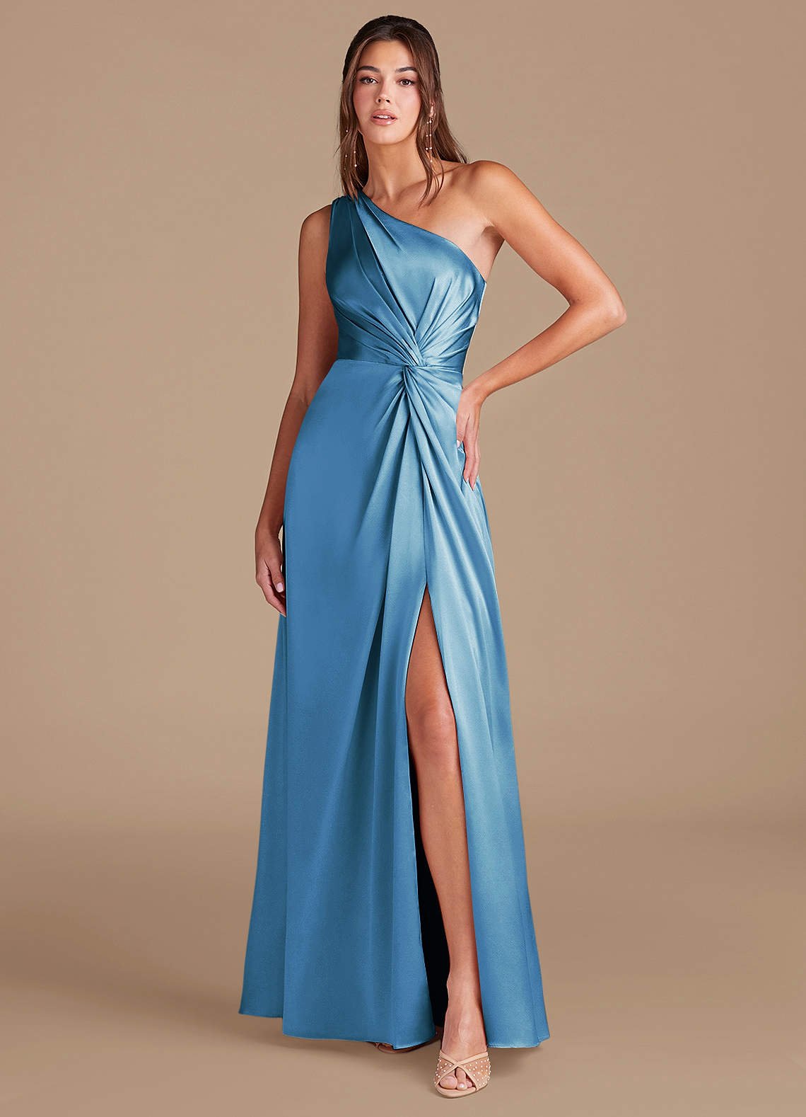 Brooke A-Line One-Shoulder Metallic Satin Bridesmaid Dress in Steel Blue