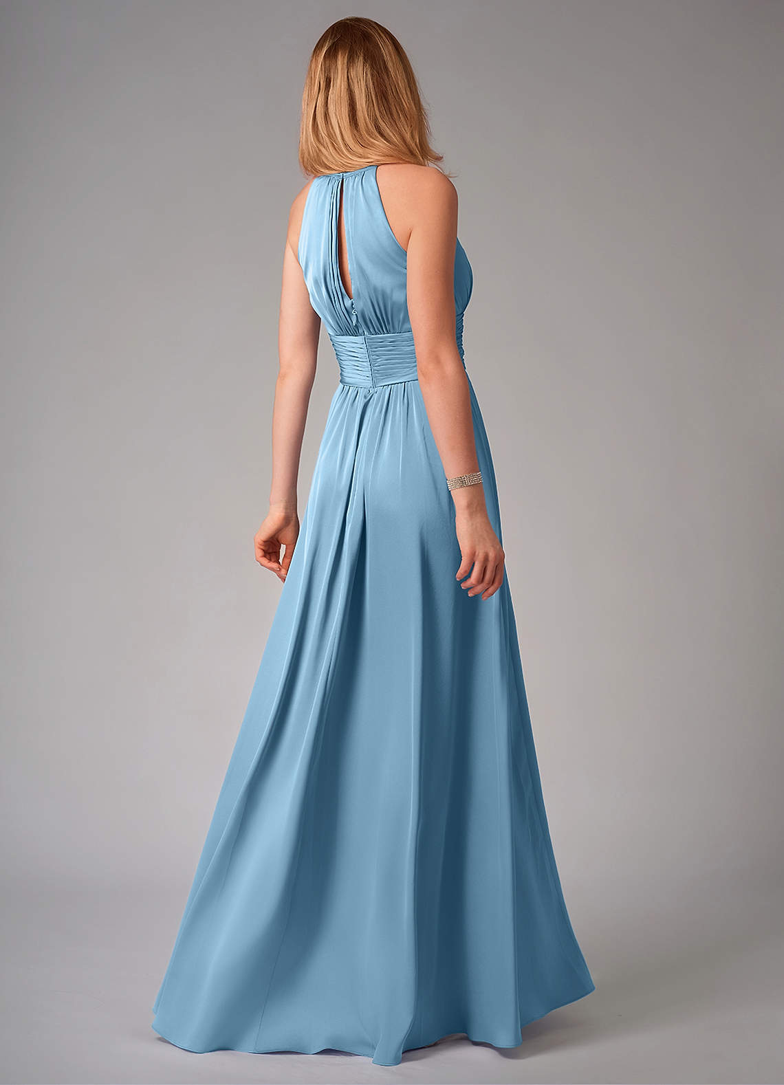 Bonnie A-Line Halter Stretch Satin Bridesmaid Dress in Steel Blue