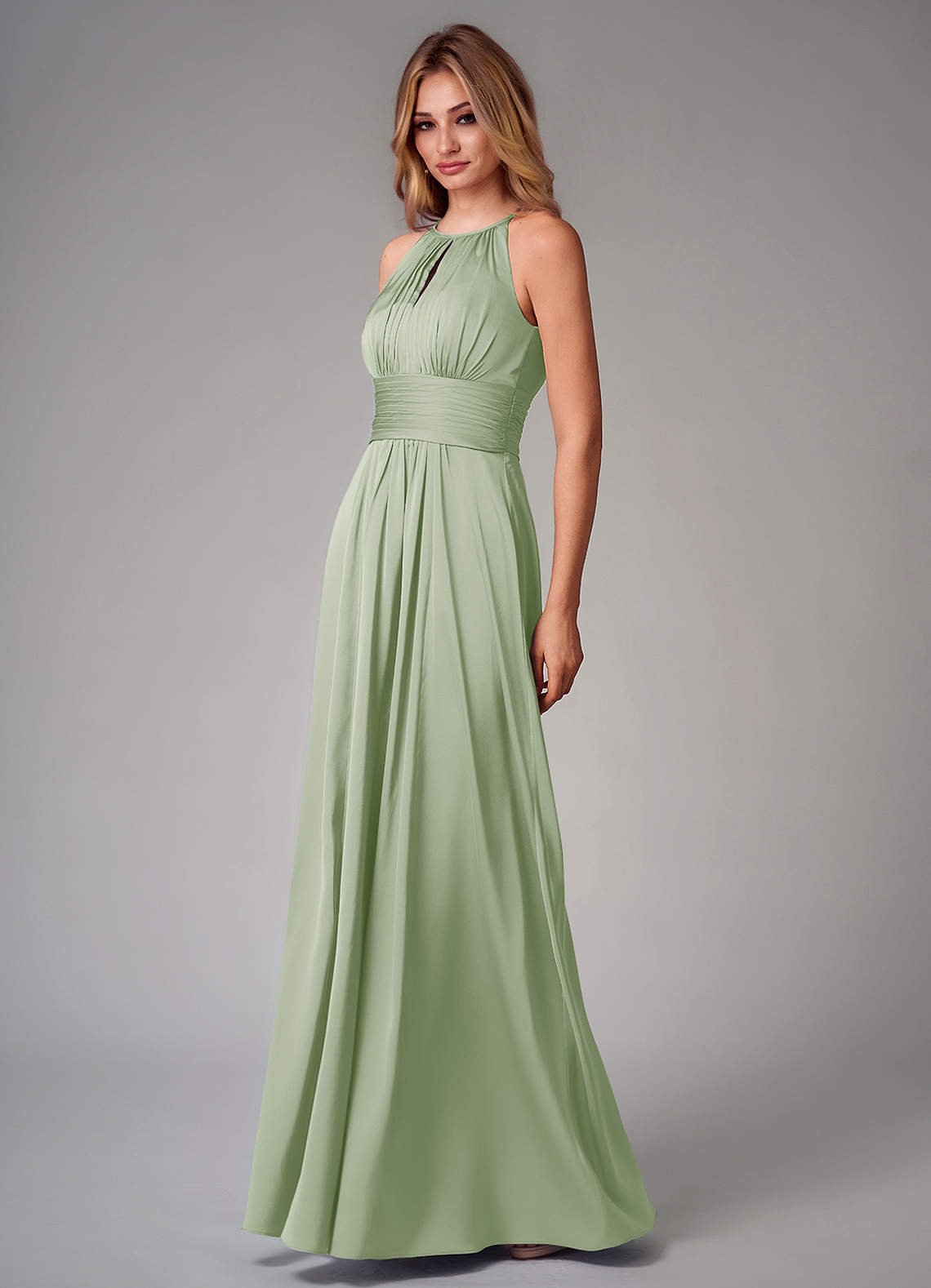 Bonnie A-Line Halter Stretch Satin Bridesmaid Dress in Dusty Sage