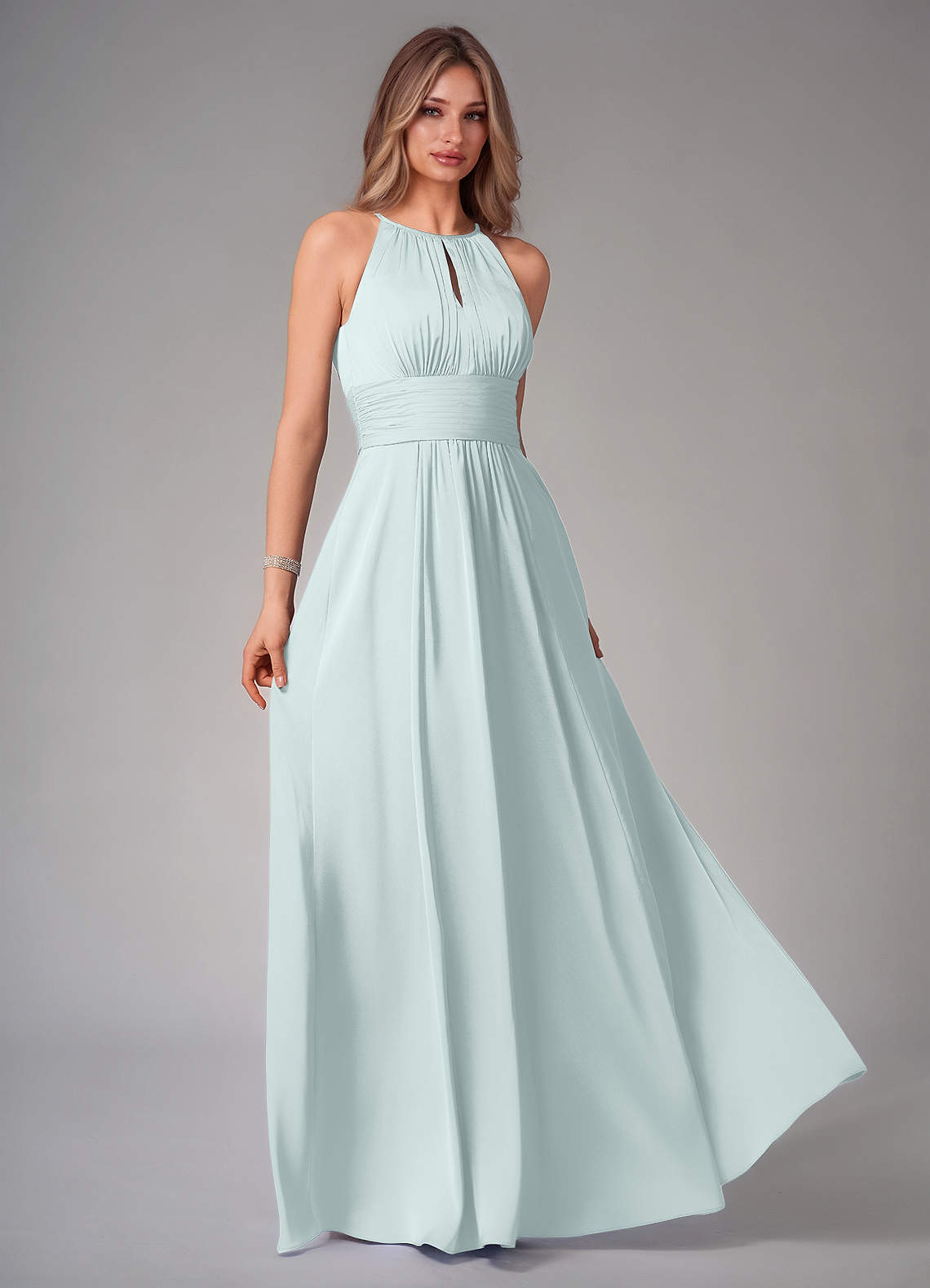 Bonnie A-Line Halter Stretch Satin Bridesmaid Dress in Mist