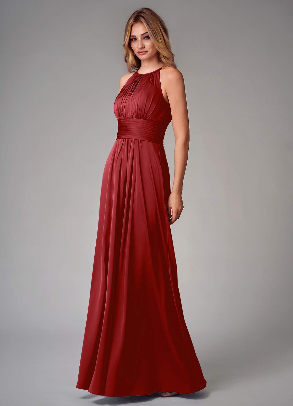 Bonnie A-Line Halter Stretch Satin Bridesmaid Dress in Pomegranate