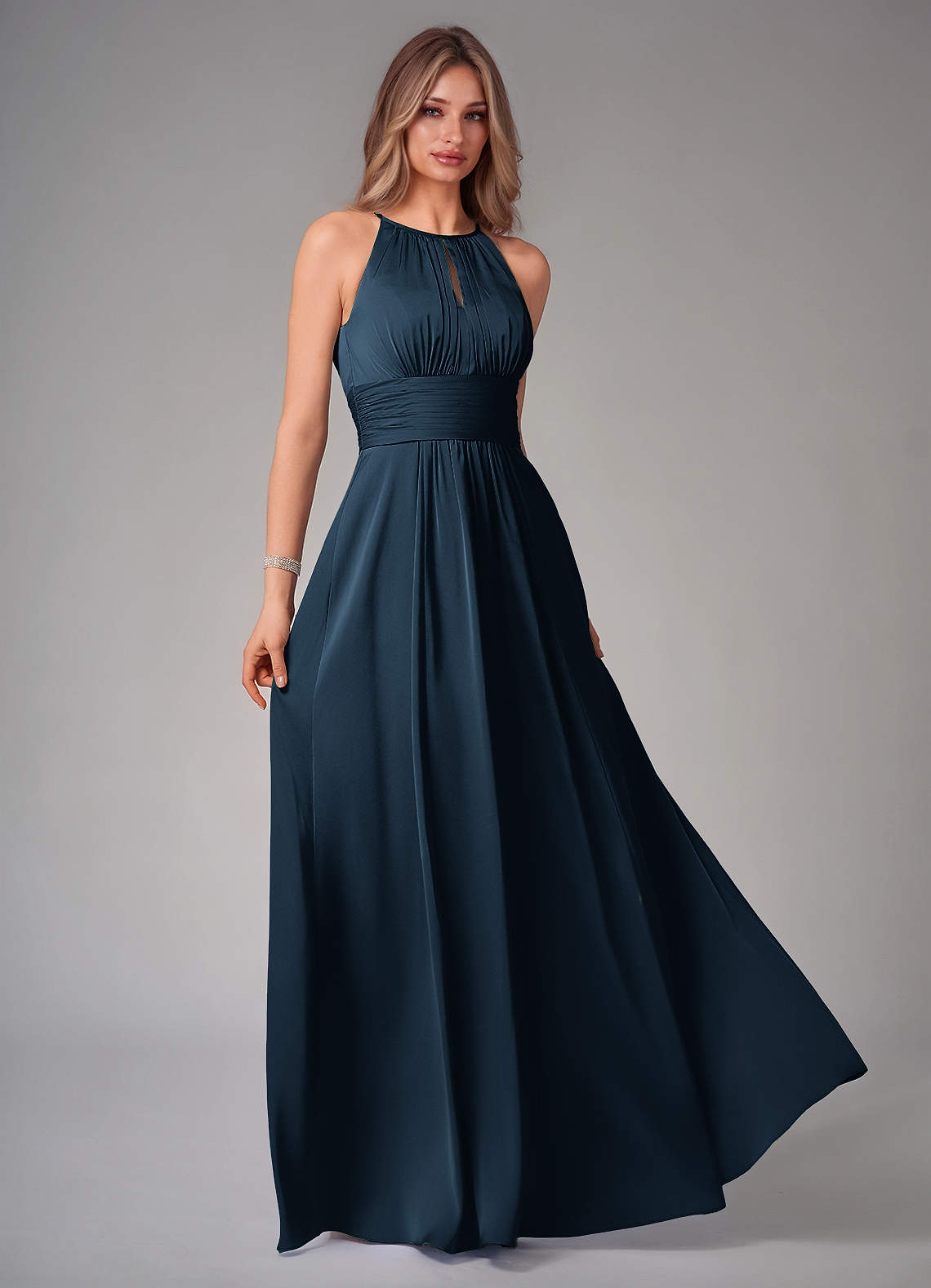 Bonnie A-Line Halter Stretch Satin Bridesmaid Dress in Dark Navy