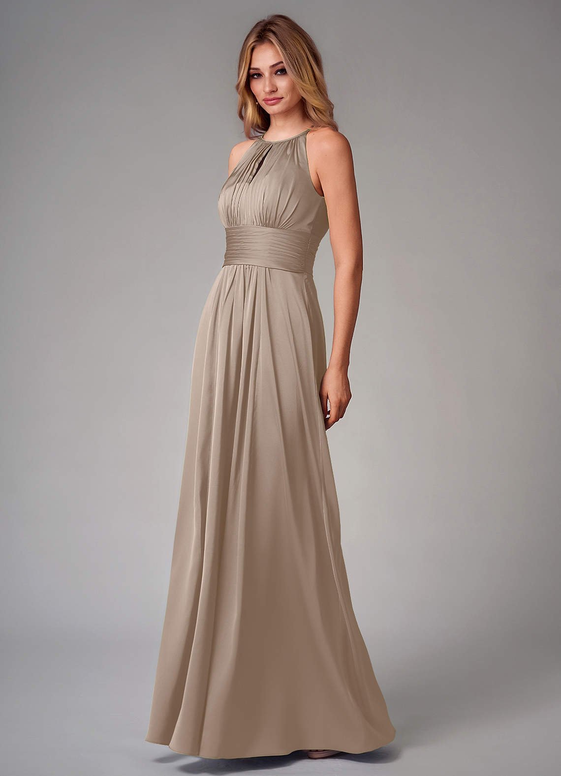 Bonnie A-Line Halter Stretch Satin Bridesmaid Dress in Taupe