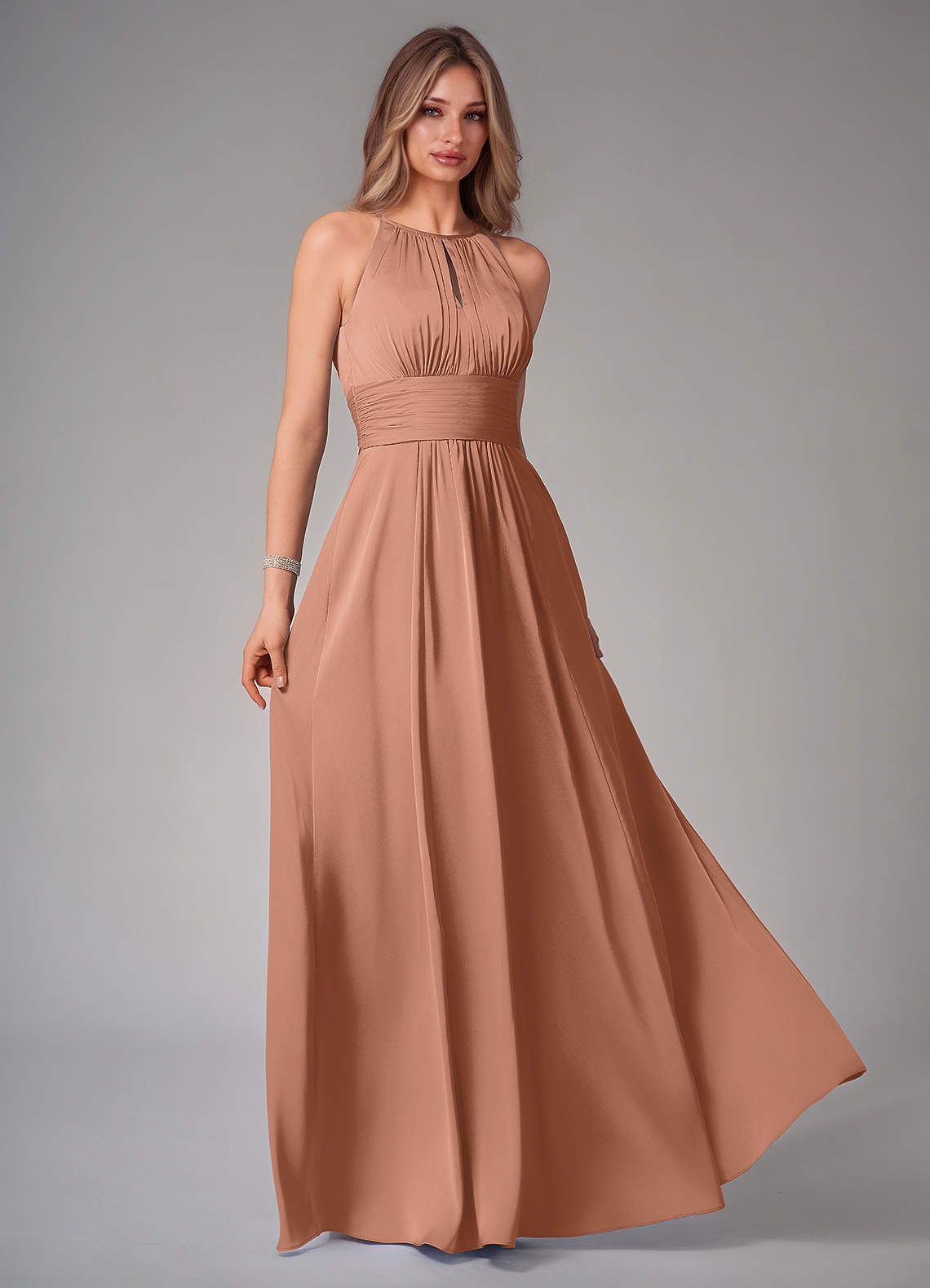 Bonnie A-Line Halter Stretch Satin Bridesmaid Dress in Bronzer
