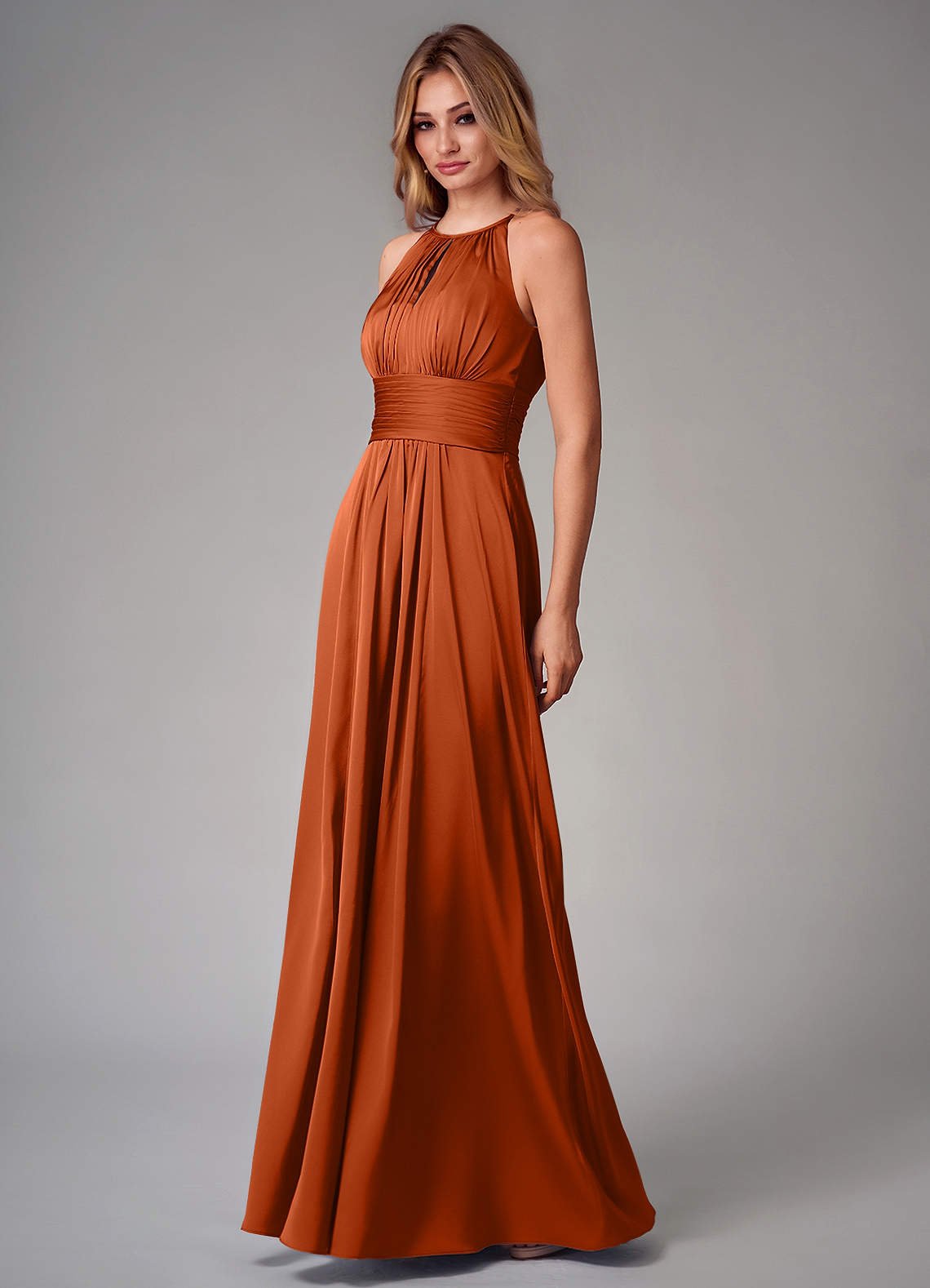 Bonnie A-Line Halter Stretch Satin Bridesmaid Dress in Burnt Orange
