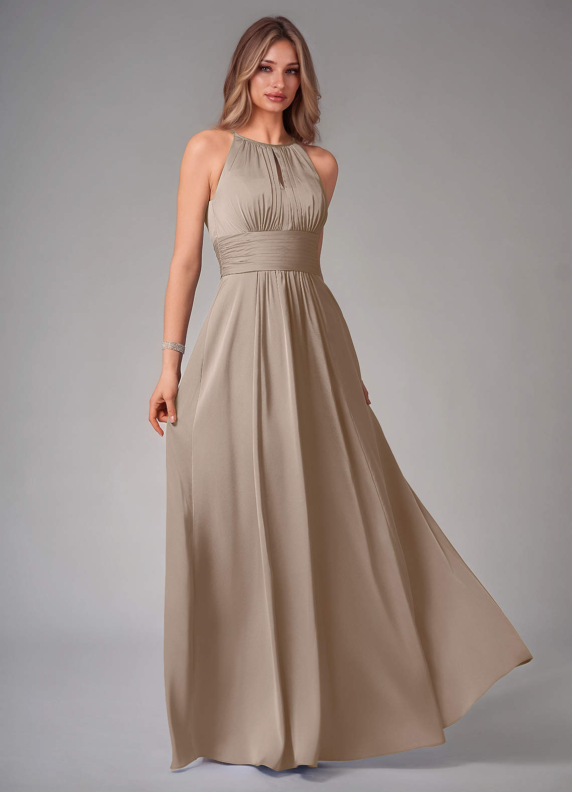 Bonnie A-Line Halter Stretch Satin Bridesmaid Dress in Taupe